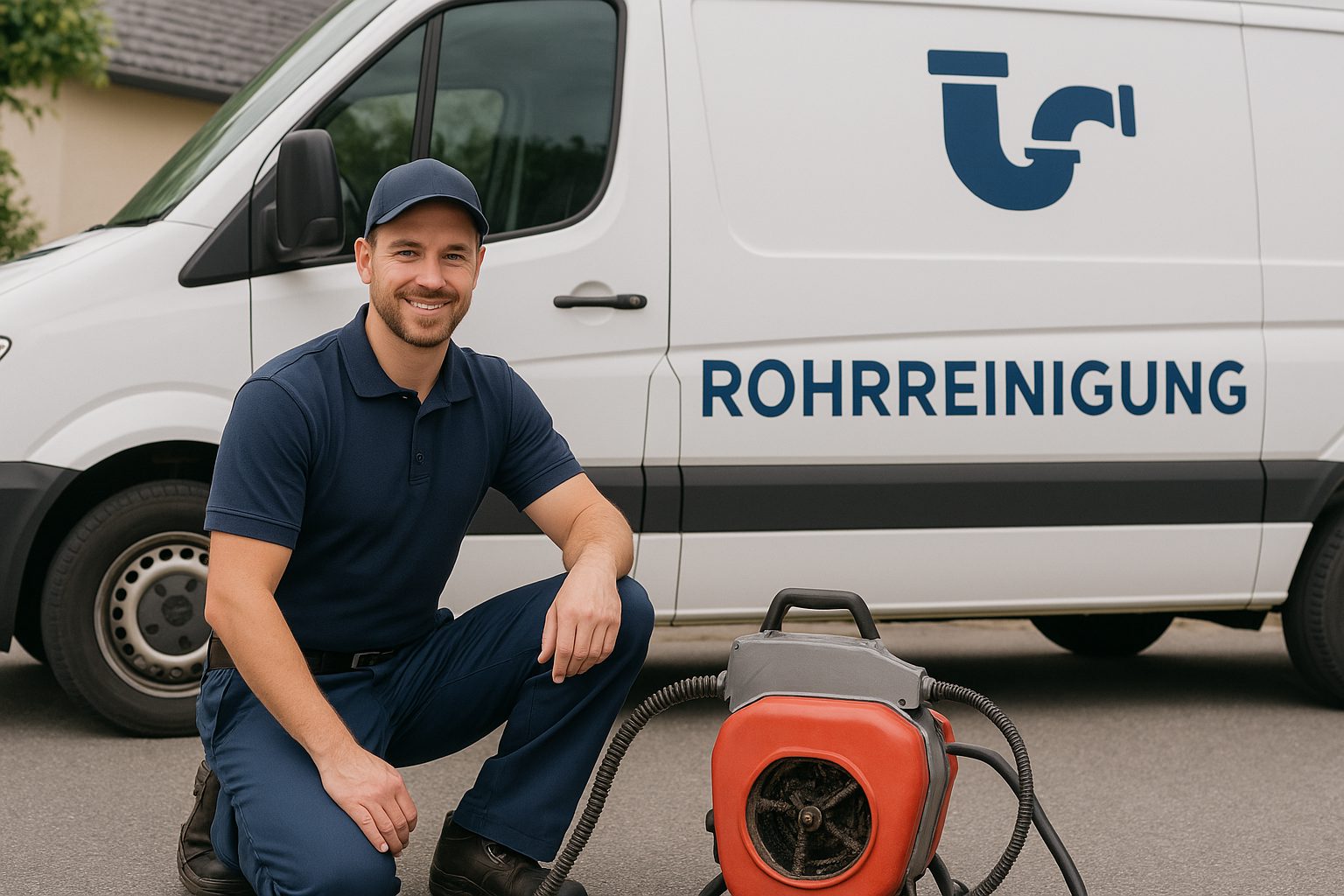 Rohrverstopfung beheben mit der Spirale - Rohrreinigung und Abflussreinigung Fabeos - Unser Rohrreiniger vor einem Rohrreinigungswagen